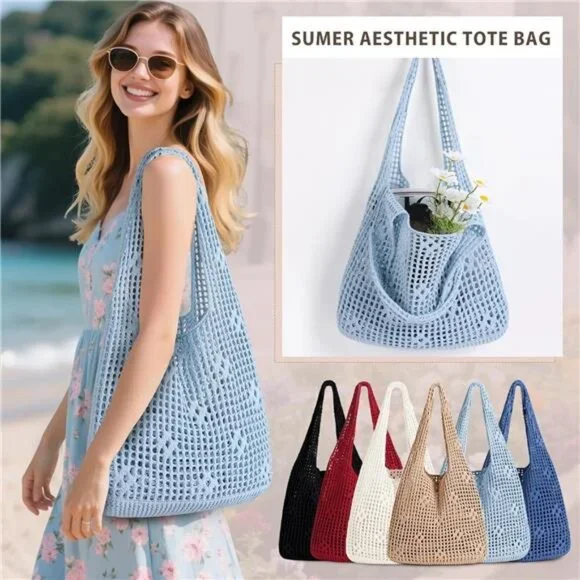 Crochet Tote Bag, Mesh Beach Bag Blue - Picture 5 of 7